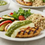 Delicious Grilled Salsa Verde Pepper Jack Chicken ready to serve, showcasing a vibrant presentation with salsa verde and garnishes.