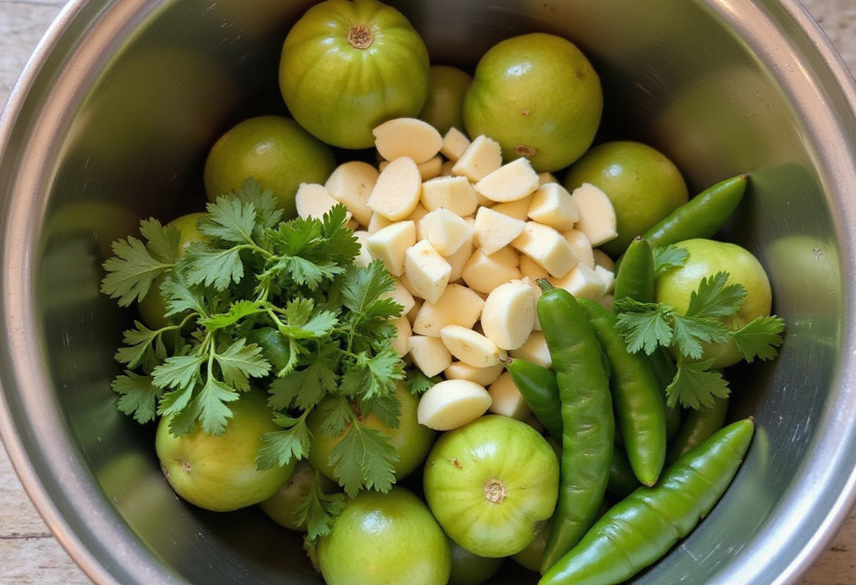 Fresh ingredients for Grilled Salsa Verde Pepper Jack Chicken including tomatillos, green chilies, garlic, and cilantro in a mixing bowl.