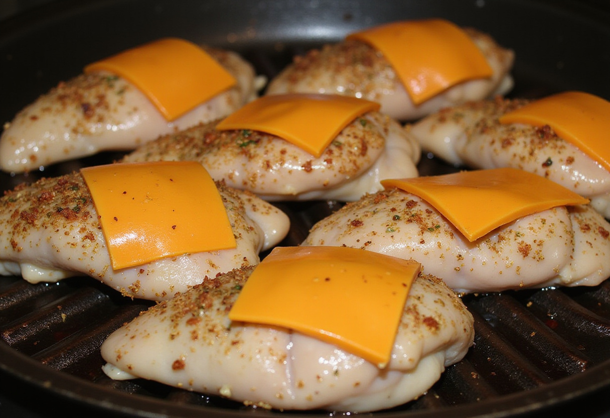 Seasoned chicken breasts with Pepper Jack cheese on a grill pan for Grilled Salsa Verde Pepper Jack Chicken, capturing the grilling process.