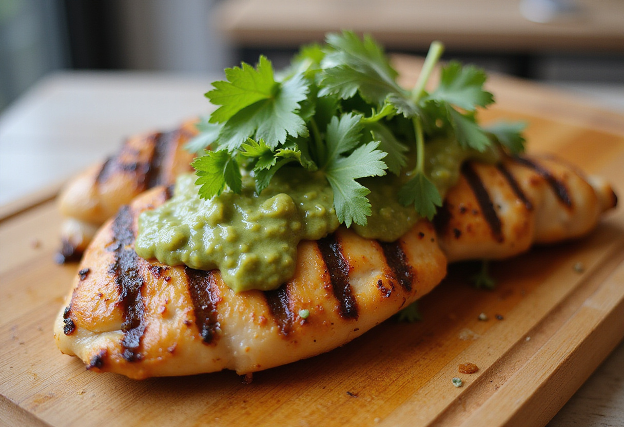 Grilled chicken with salsa verde and Pepper Jack cheese on a cutting board, showcasing the vibrant dish just before serving.