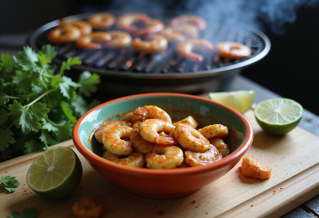 Fresh ingredients for Grilled Shrimp Bowl including shrimp, avocados, corn, and vegetables.