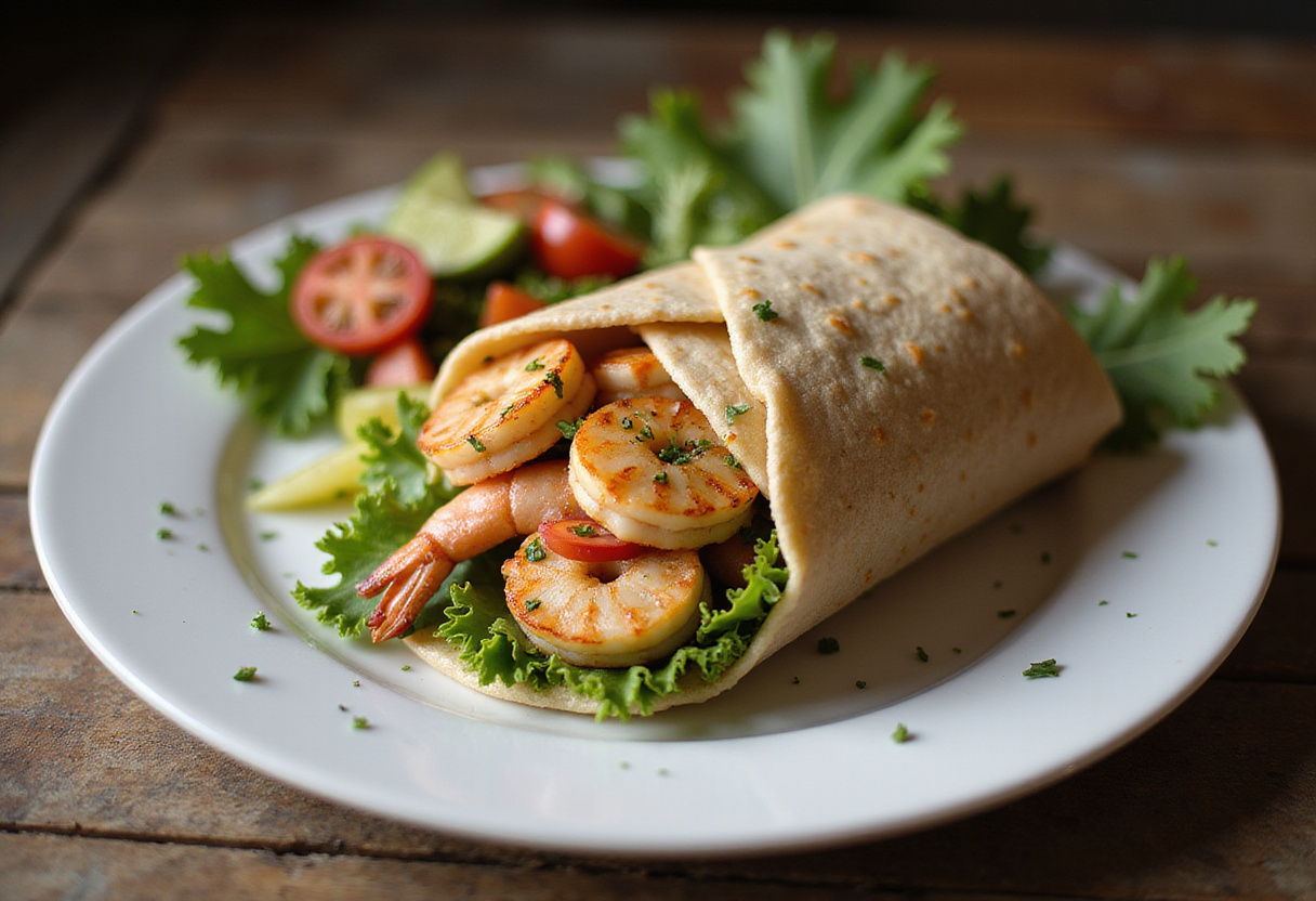 Final presentation of Grilled Shrimp Caesar Wraps served elegantly on a plate, ideal for a delicious and nutritious meal.
