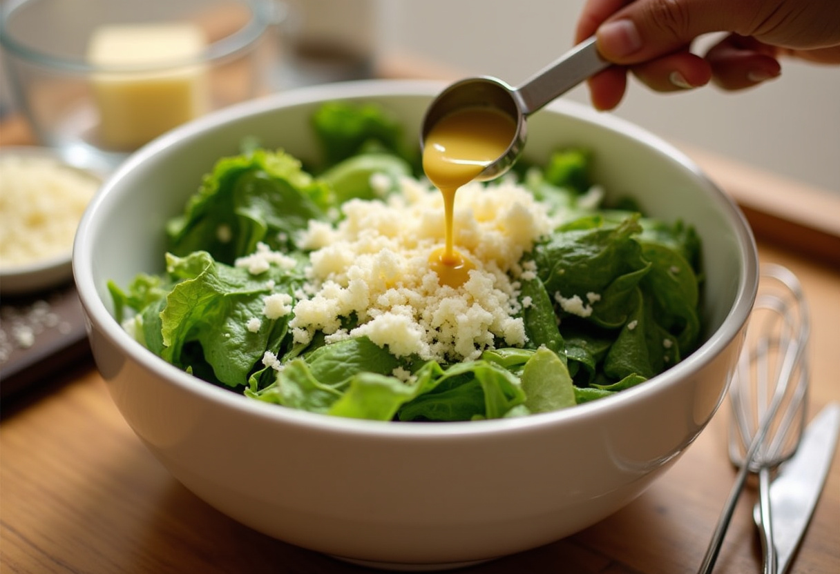 Preparation of Grilled Shrimp Caesar Wraps with fresh greens and creamy Caesar dressing for a healthy meal.
