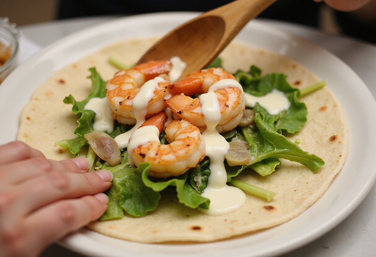 Assembling Grilled Shrimp Caesar Wraps with fresh ingredients on a soft tortilla, focusing on the delicious filling.