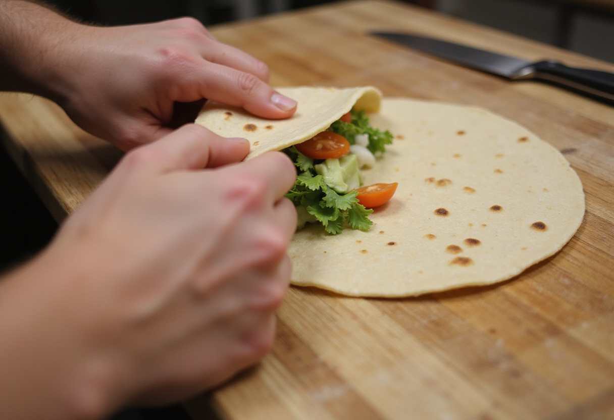 Folding Grilled Shrimp Caesar Wraps into perfect servings, showcasing the preparation step before serving.