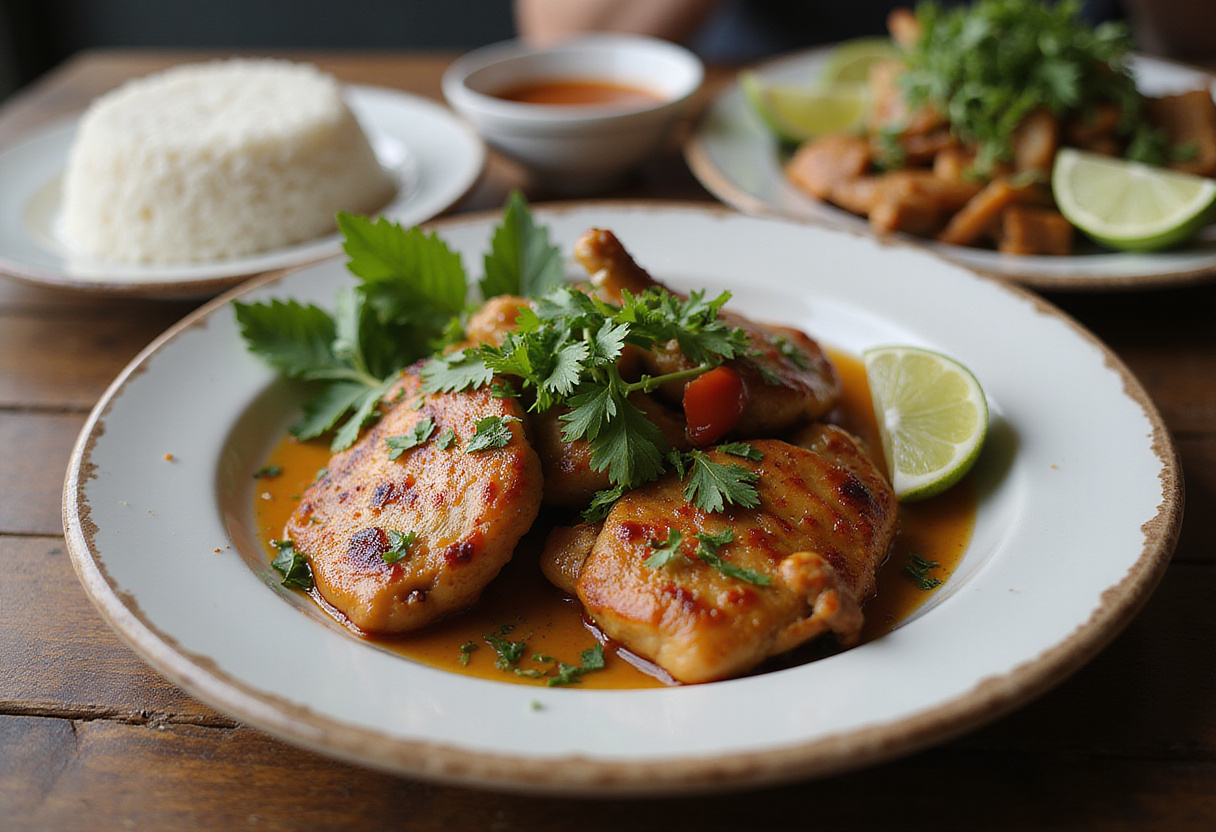 Served dish of grilled Vietnamese chicken with fresh herbs, lime wedges, rice, and dipping sauce, perfect for a savory meal.