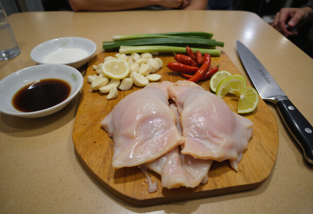 Ingredients for grilled Vietnamese chicken including chicken, garlic, lemongrass, fish sauce, and chilies displayed on a wooden cutting board.