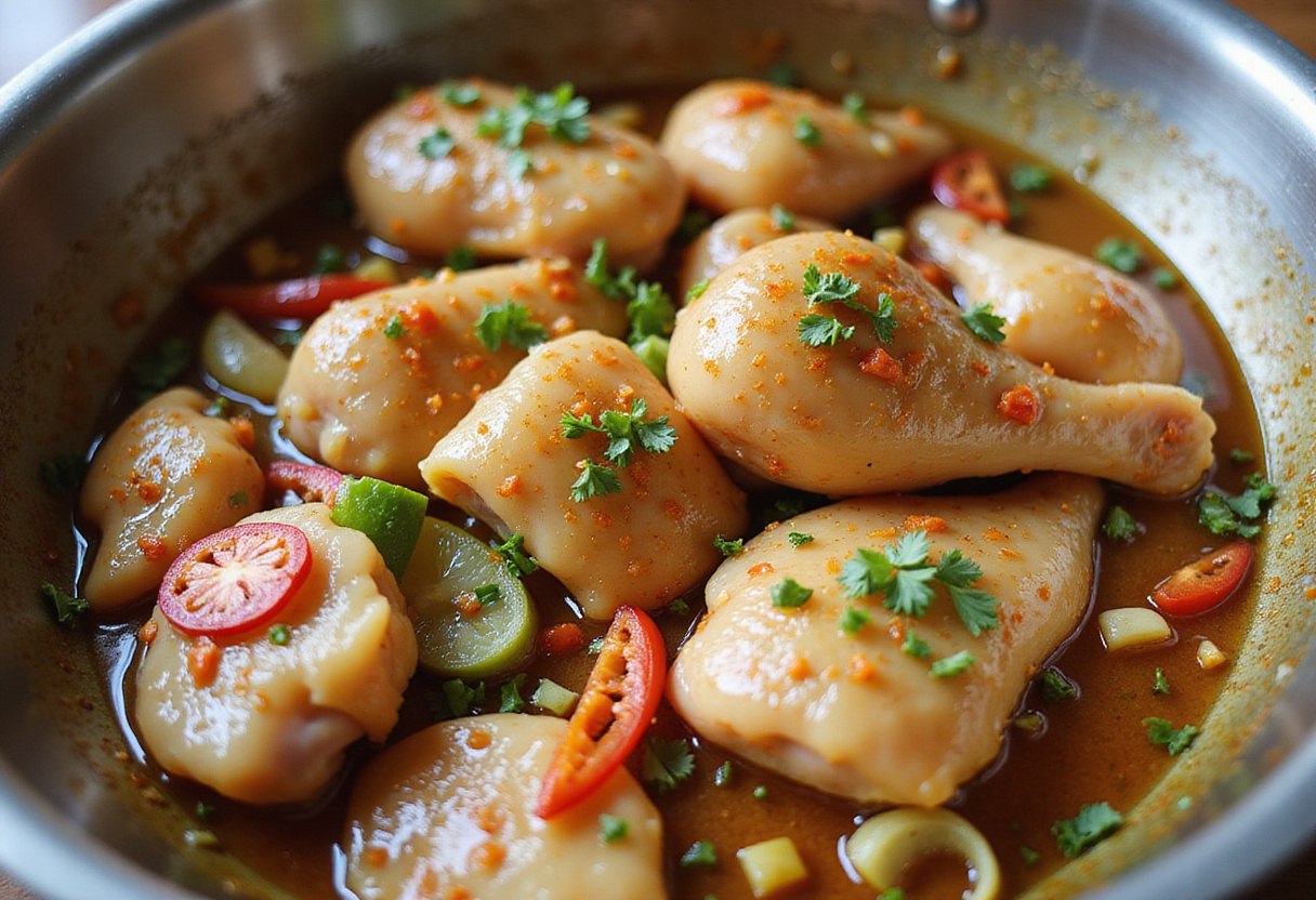 Marinating chicken for Vietnamese grilled chicken recipe with fish sauce, garlic, lemongrass, and chilies in a glass bowl.