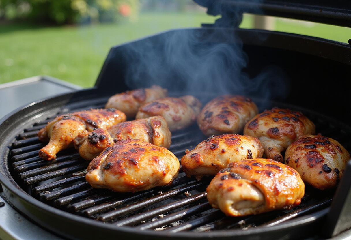 Grilling marinated chicken pieces outdoors for a delicious grilled Vietnamese chicken dish with sizzling sounds and smoke.
