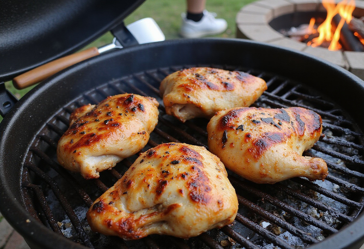 Turning grilled Vietnamese chicken on the BBQ grill showcasing char and golden-brown texture for a savory finish.