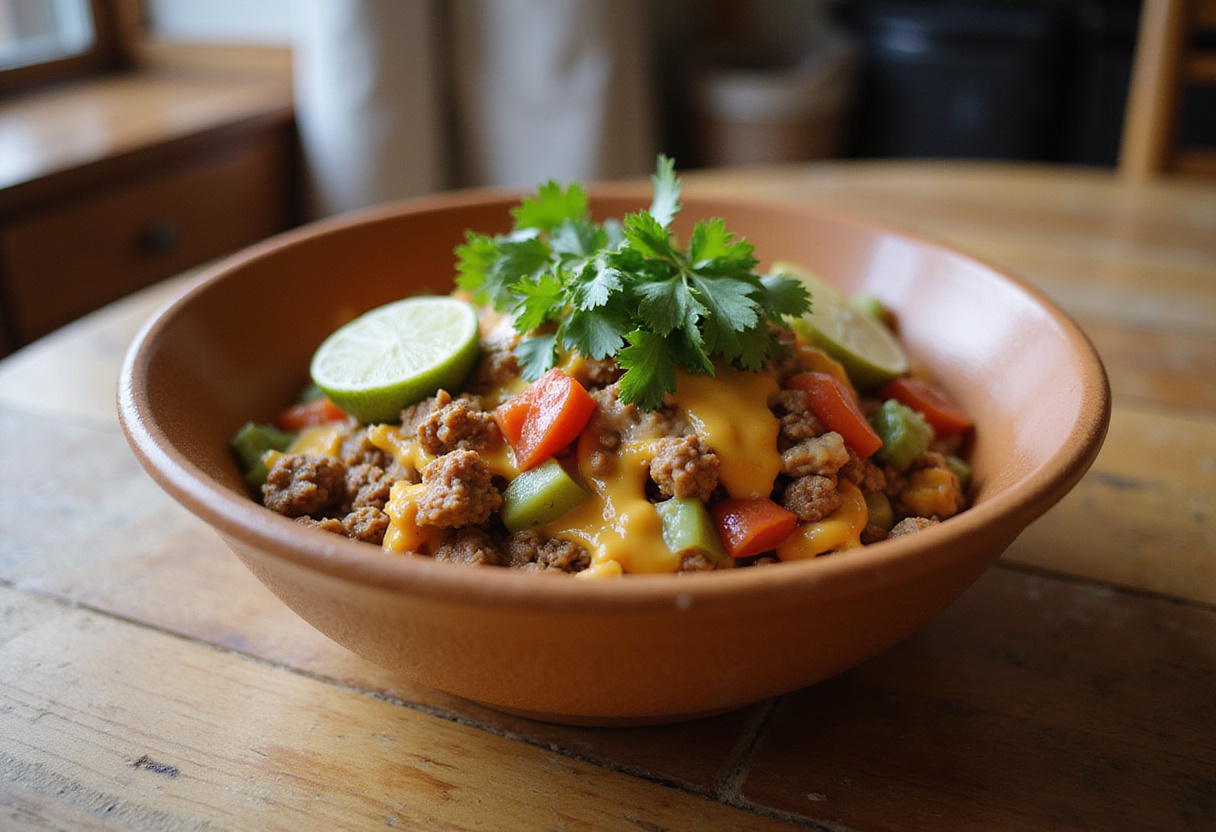 Final presentation of a ground beef burrito bowl, representing a healthy and delightful meal filled with flavors and textures, perfect for any burrito enthusiast.