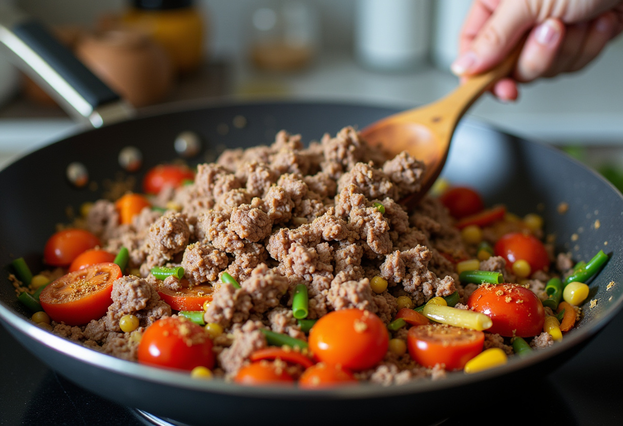 Bell pepper and onion cooking in skillet with ground beef.