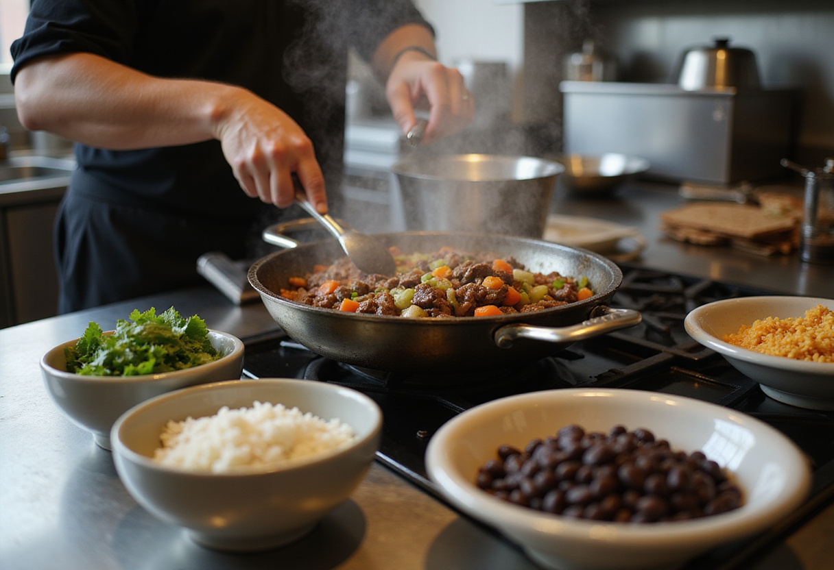 Cook mixing ingredients for a delicious ground beef burrito bowl, showcasing the freshness of rice and beans, making for a nutritious meal.