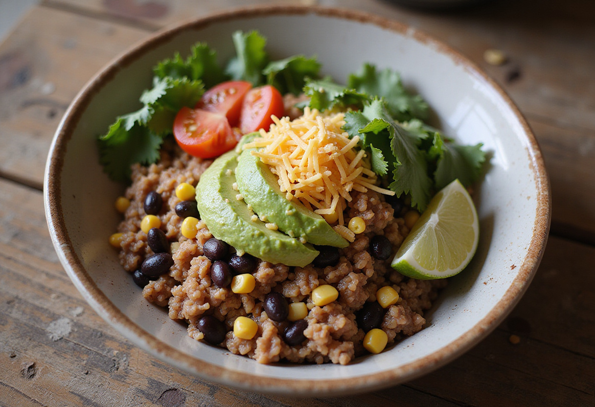 Colorful ground beef burrito bowl presentation with layers of rice, beans, and fresh toppings, perfect for a tasty, healthy meal.