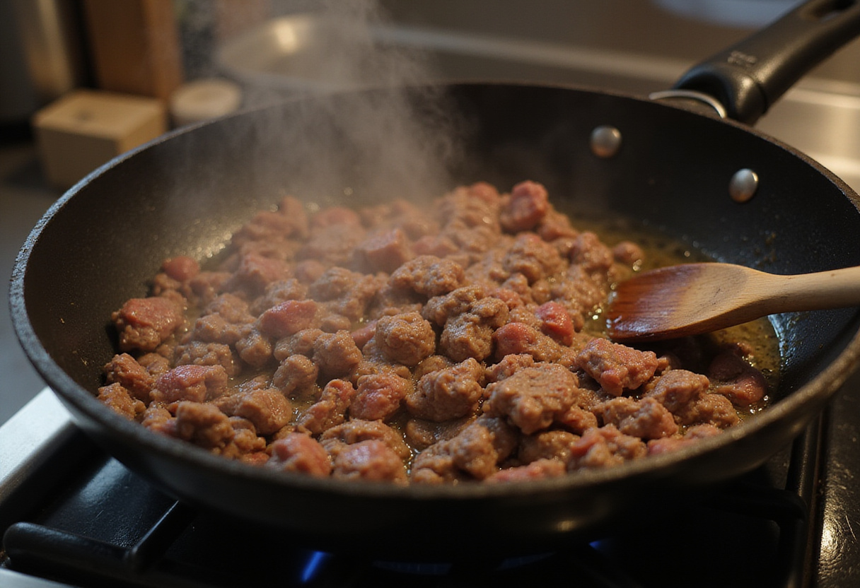 Ground beef sizzling in a skillet for a delicious Ground Beef and Chopped Cabbage recipe.