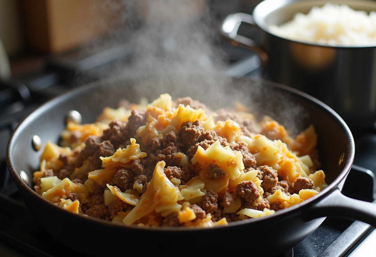 SautƩed chopped cabbage and ground beef combined in a skillet, perfect for Ground Beef and Chopped Cabbage dish.