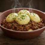 Final presentation of ground beef and dumplings, showcasing comforting flavors and textures in a delicious homemade meal.