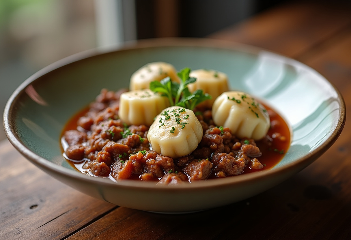Final presentation of ground beef and dumplings, showcasing comforting flavors and textures in a delicious homemade meal.