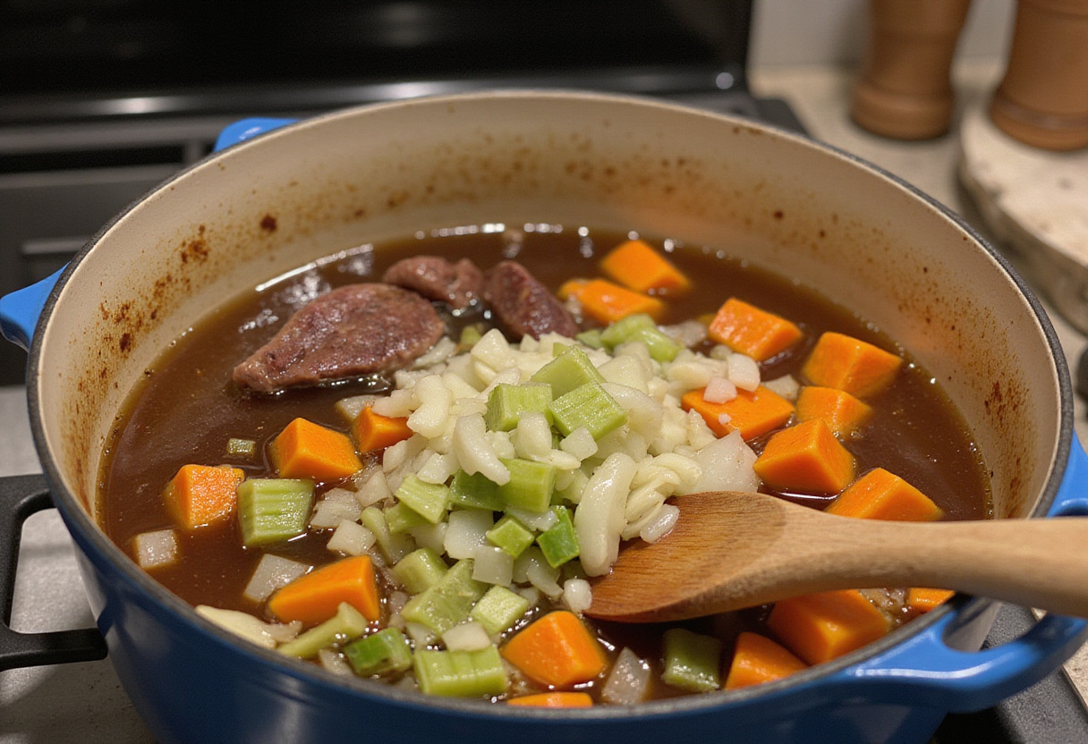 Sautéing onions, carrots, and celery for ground beef and dumplings recipe, enhancing the flavor of the traditional stew.