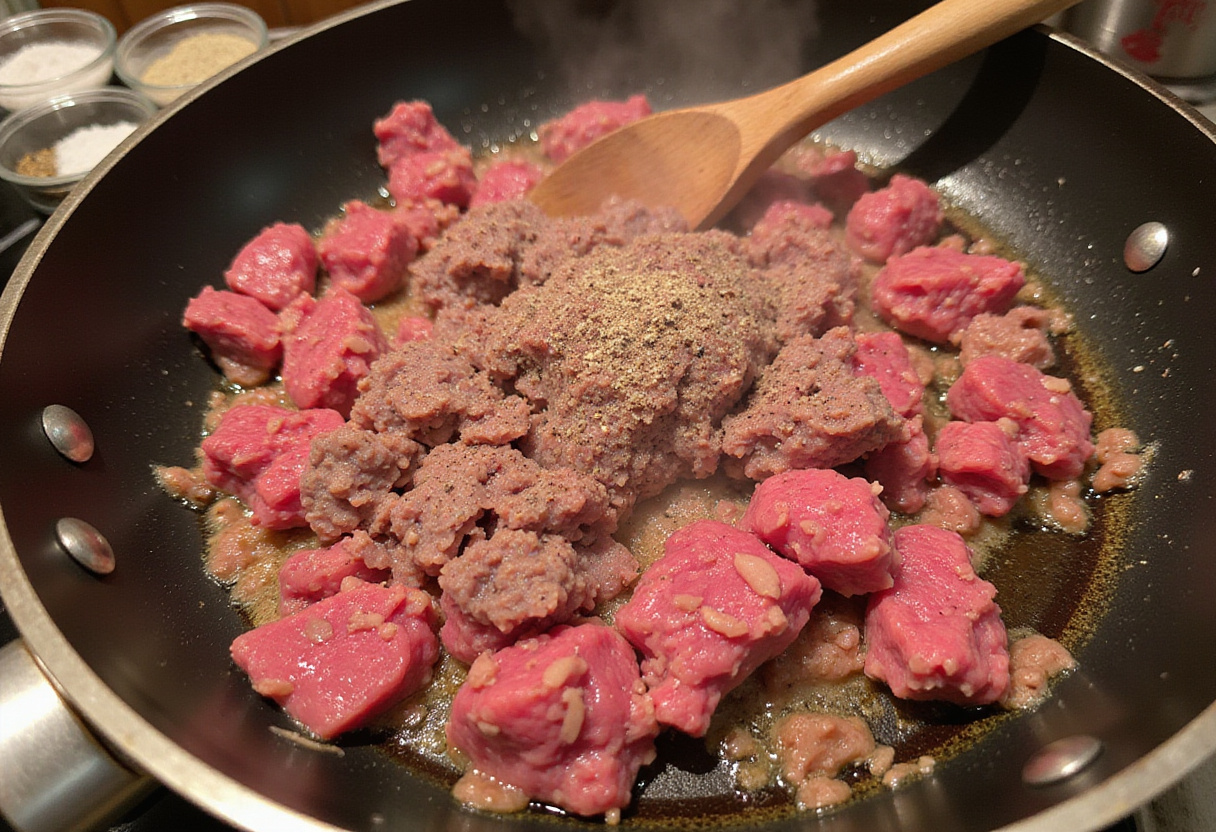 Browning ground beef in a skillet for ground beef and dumplings, a classic comforting dish cooked to perfection.