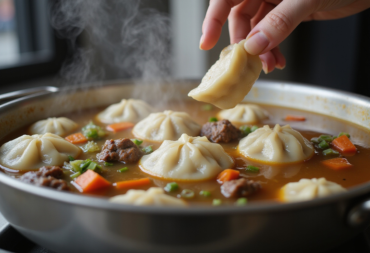 Adding dumplings to the simmering pot of ground beef and vegetables, creating a hearty and flavorful dish of ground beef and dumplings.