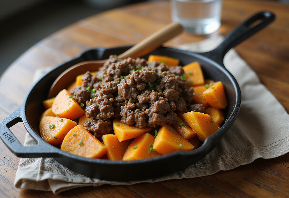 Stunning presentation of ground beef and sweet potatoes skillet, showcasing a well-cooked meal on a rustic dining table.