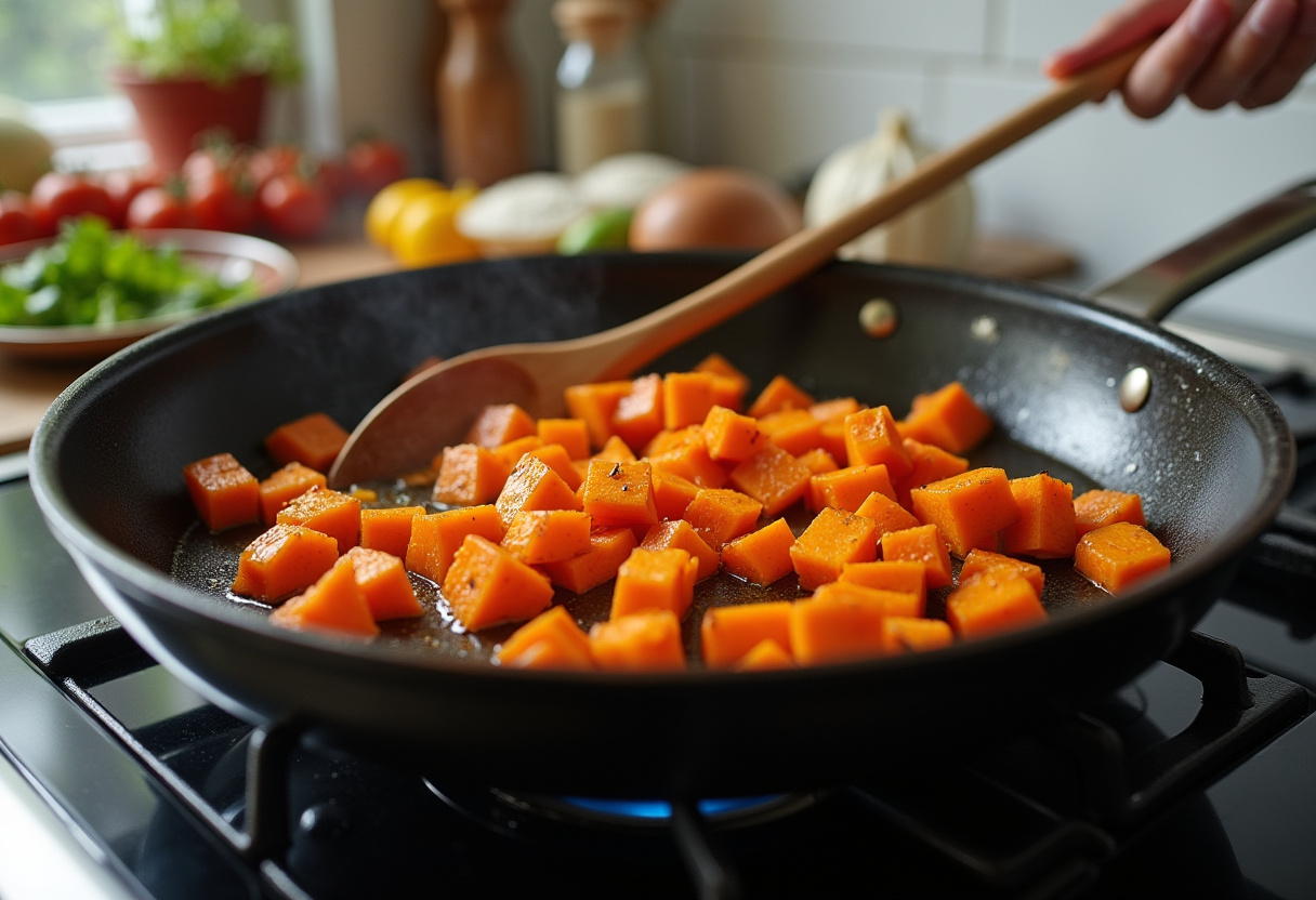 Delicious ground beef and sweet potatoes skillet preparation featuring sizzling sweet potatoes in a bright kitchen.