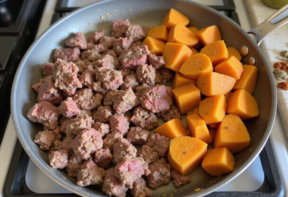 Ground beef browning alongside sweet potatoes in a perfect skillet, highlighting the hearty ingredients in a warm kitchen setting.