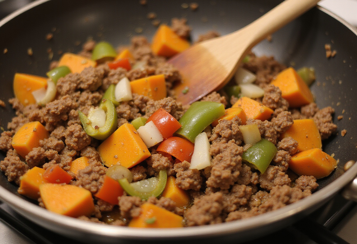 A vibrant ground beef and sweet potatoes skillet, displaying a medley of vegetables being mixed together for a hearty dish.