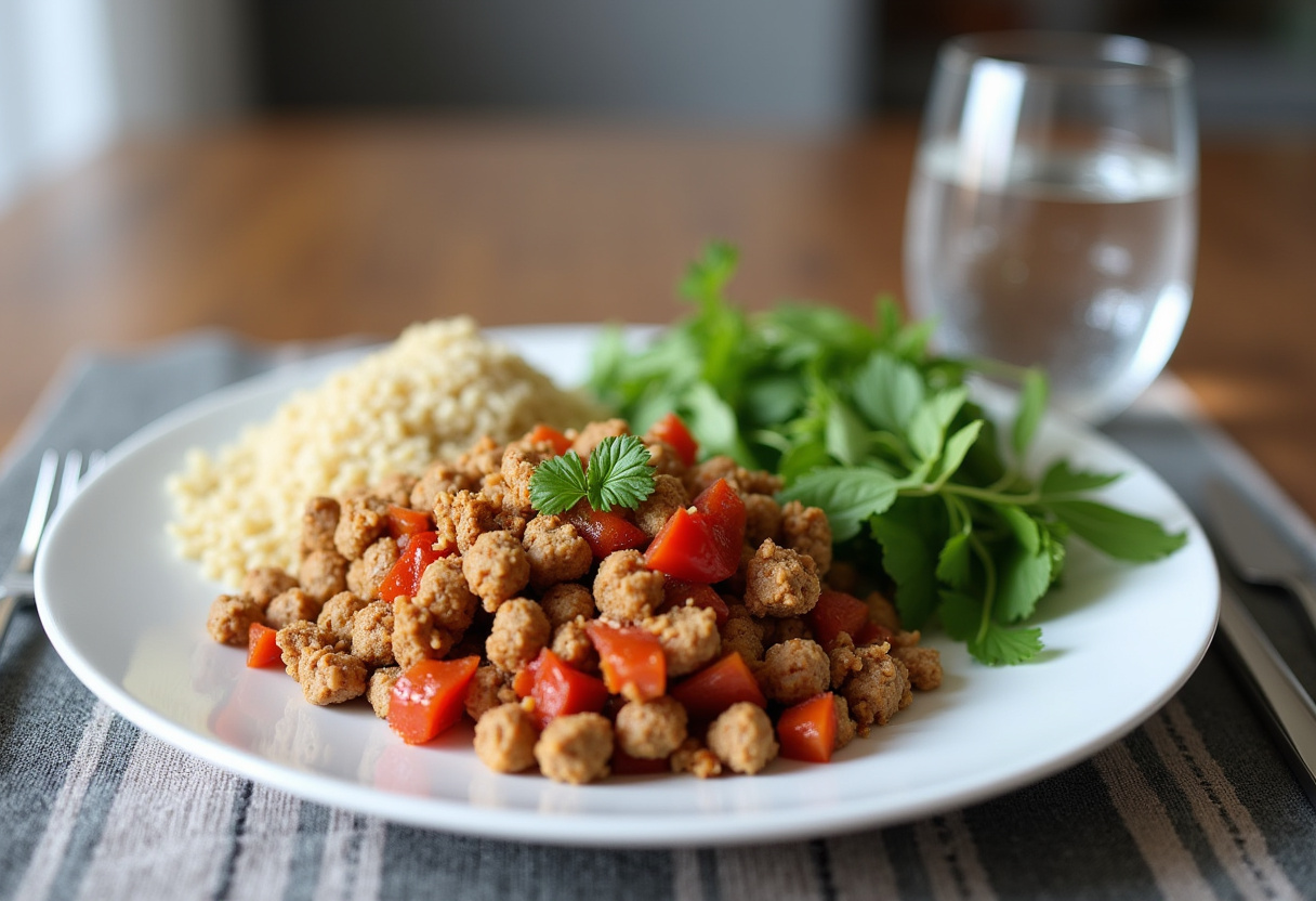 Delicious ground turkey and peppers meal beautifully plated with quinoa, healthy dining option for a quick meal.