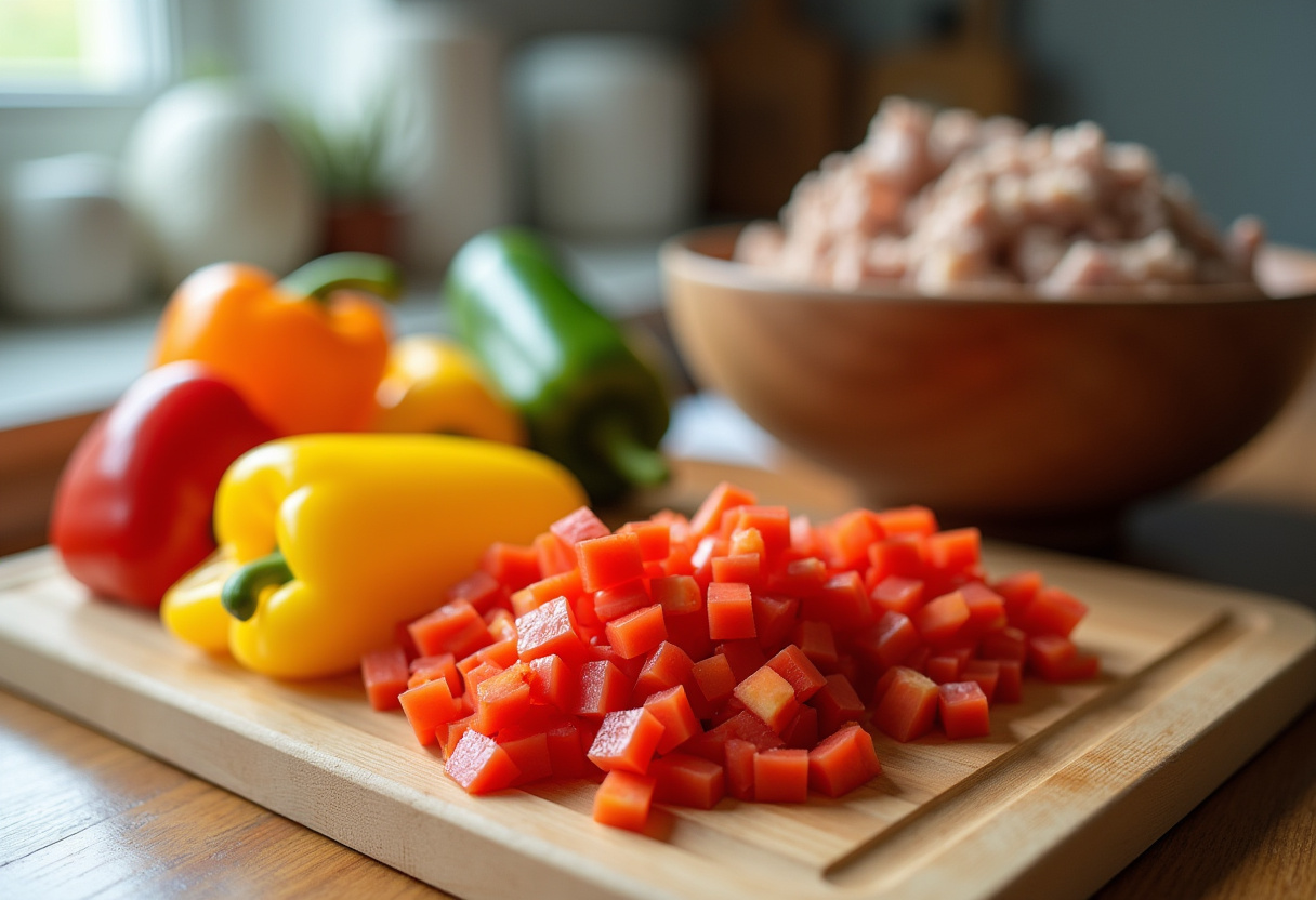 Chopping bell peppers for ground turkey and peppers recipe, healthy meal prep with vibrant ingredients.