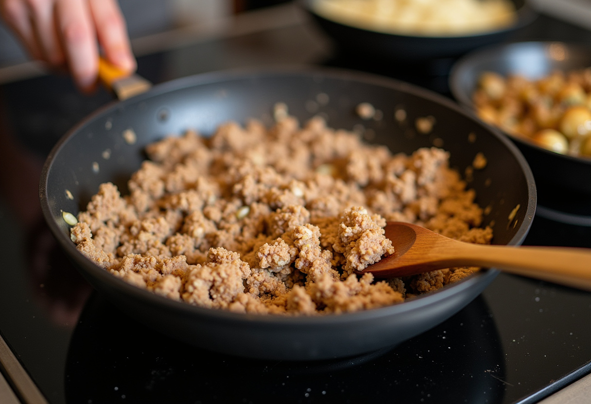 Cooking ground turkey with peppers and onions in a skillet, creating a flavorful and nutritious dish.