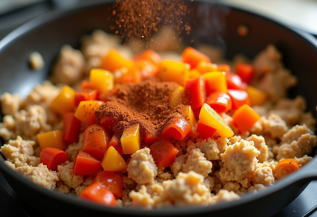 Adding colorful peppers to ground turkey for a healthy meal, flavorful seasoning brings the dish to life.