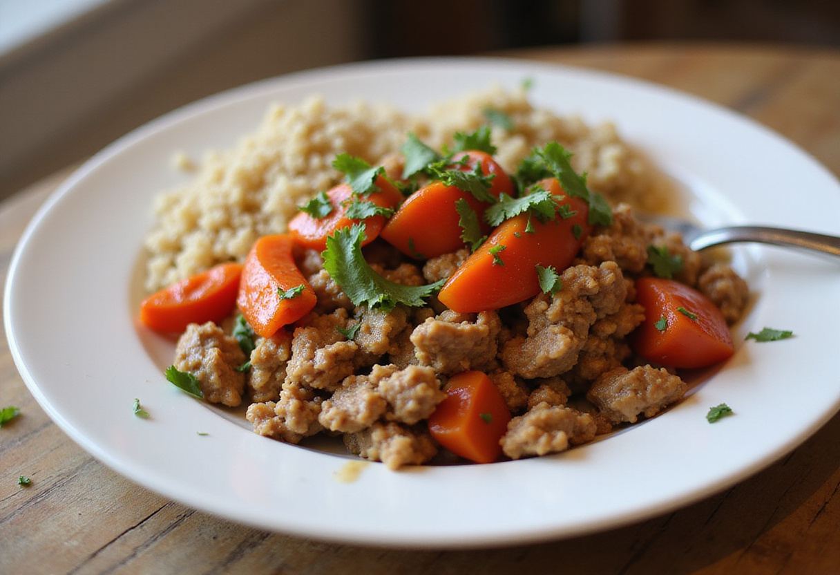 Serving ground turkey and peppers on a plate, healthy and tasty dinner option, beautifully garnished.