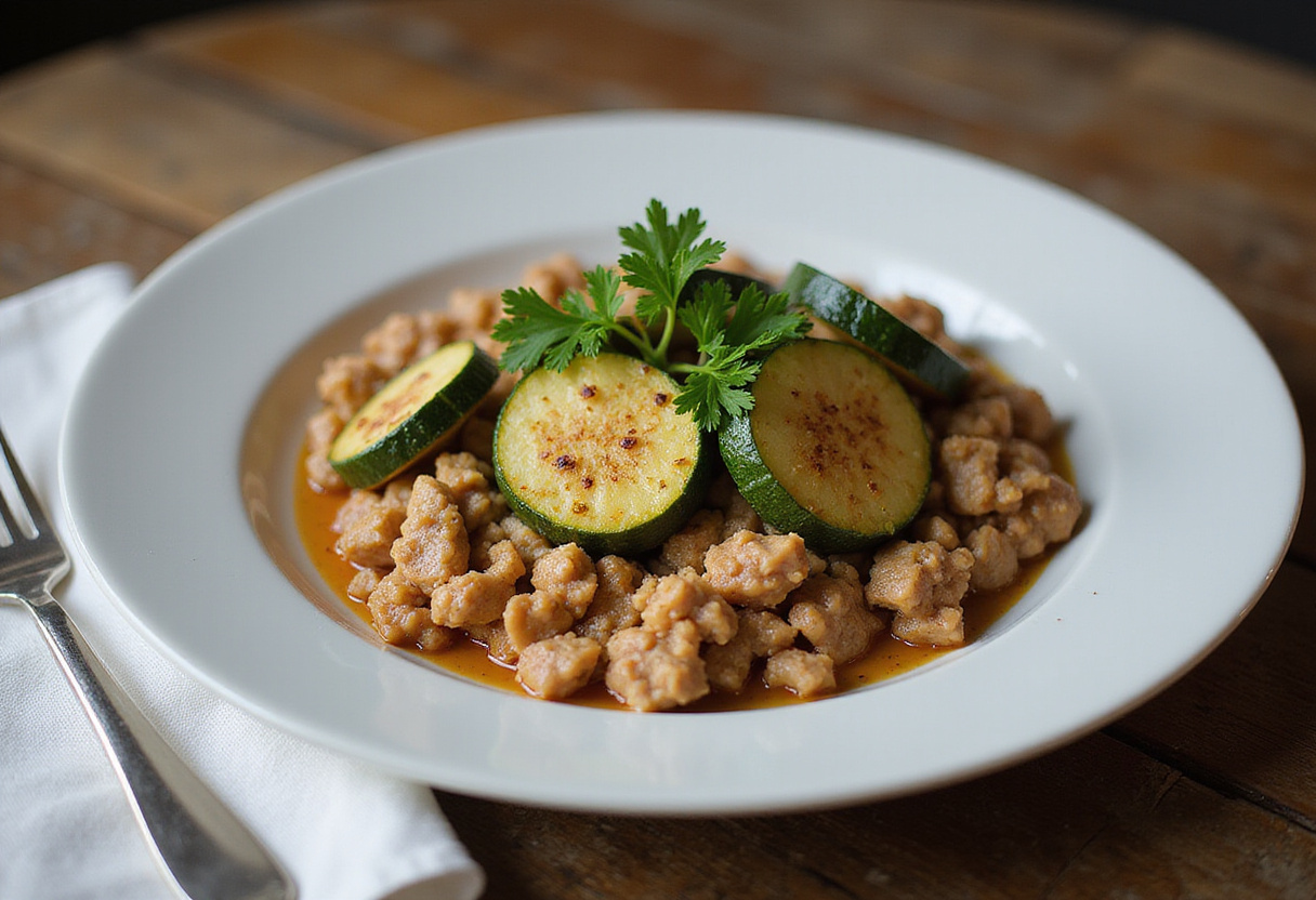 A final display of Ground Turkey and Zucchini Skillet, showcasing the appetizing and healthy meal on a rustic table, emphasizing the deliciousness of the dish.