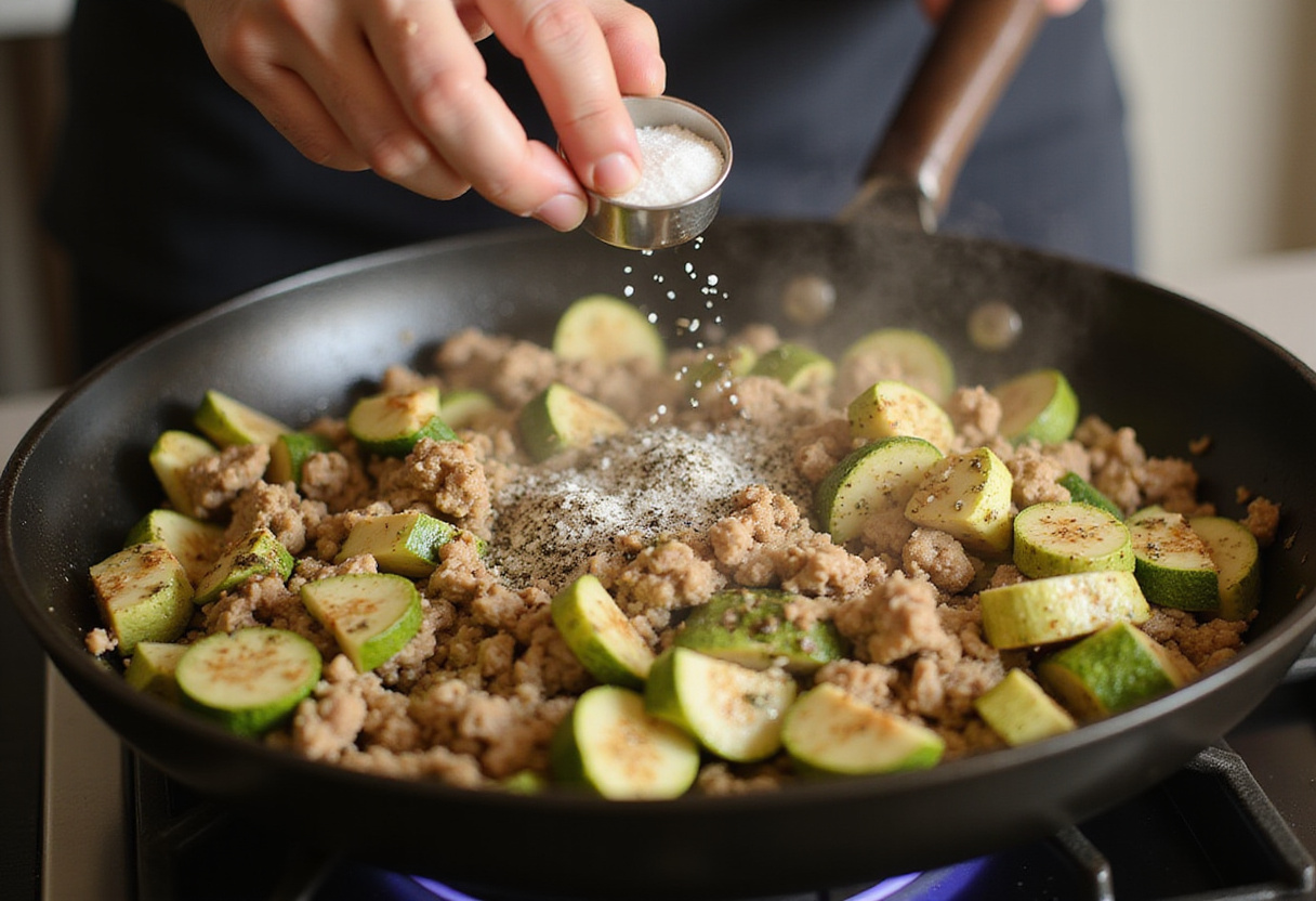 Seasoning the Ground Turkey and Zucchini Skillet with salt, pepper, and herbs for a flavorful dish, capturing the aromatic profile.