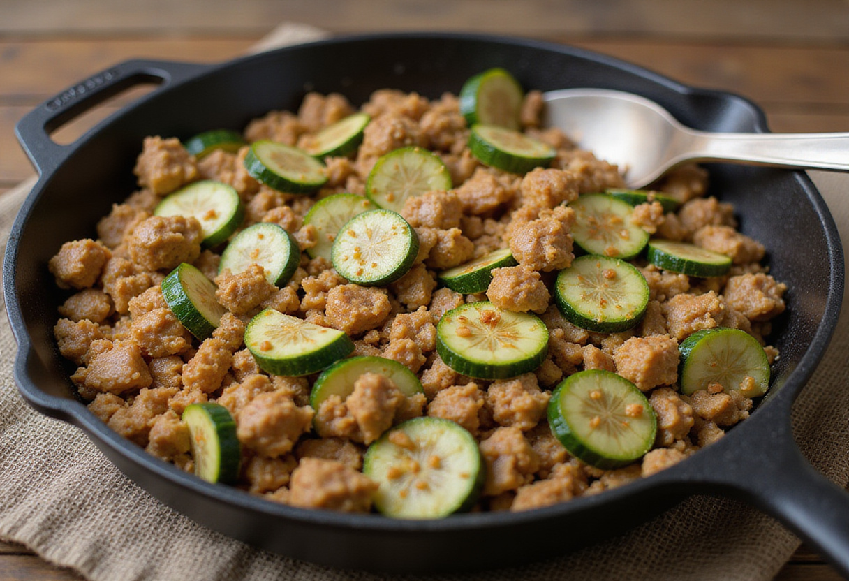 Finishing touches on the Ground Turkey and Zucchini Skillet, highlighting the delicious blend of ground turkey and zucchini ready to serve.