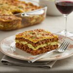 Delicious ground beef zucchini casserole served elegantly on a plate, highlighting its layers and flavors, perfect for a hearty dinner.