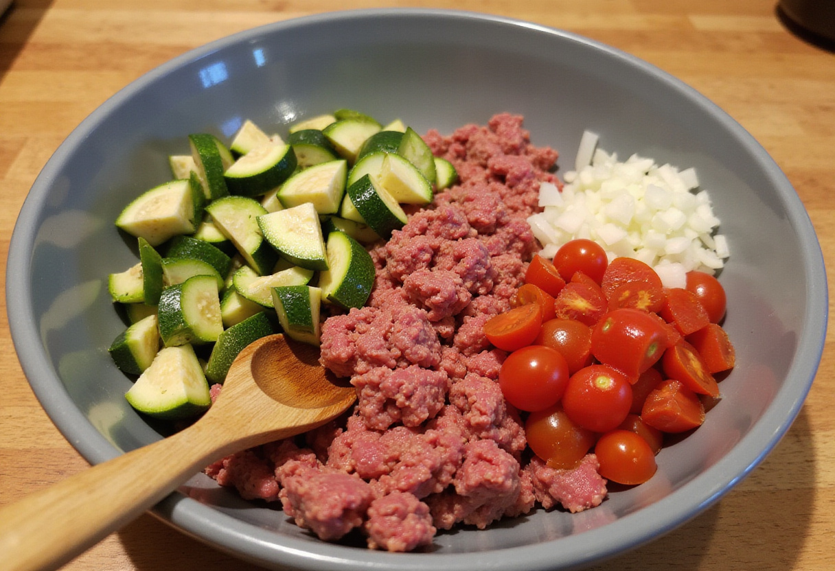 Ground beef zucchini casserole preparation with fresh ingredients, including zucchini, tomatoes, and onions in a bowl, showcasing healthy cooking.