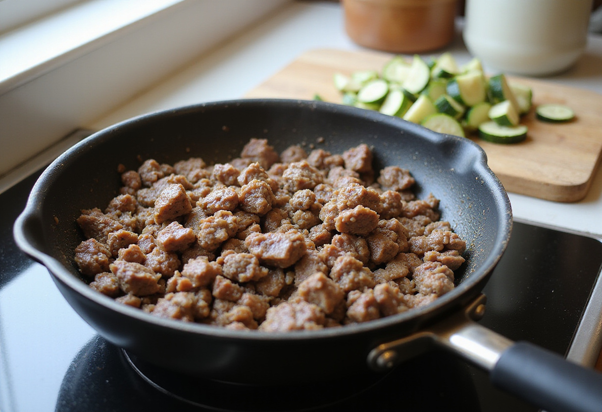 Sizzling ground beef being cooked in a frying pan, perfect for making a delicious zucchini casserole, with fresh vegetables in the background.
