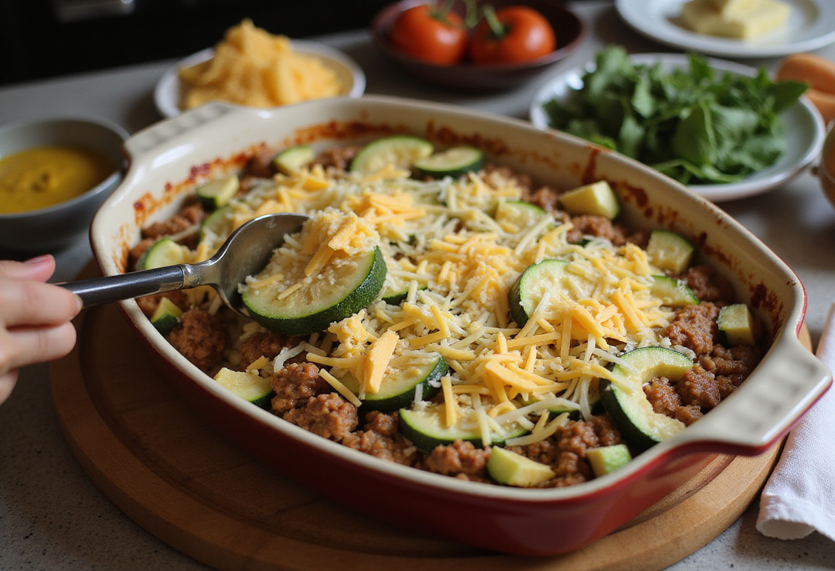 Layering ingredients in a casserole dish for ground beef zucchini casserole, showcasing a delicious blend of beef, zucchini, and melted cheese.