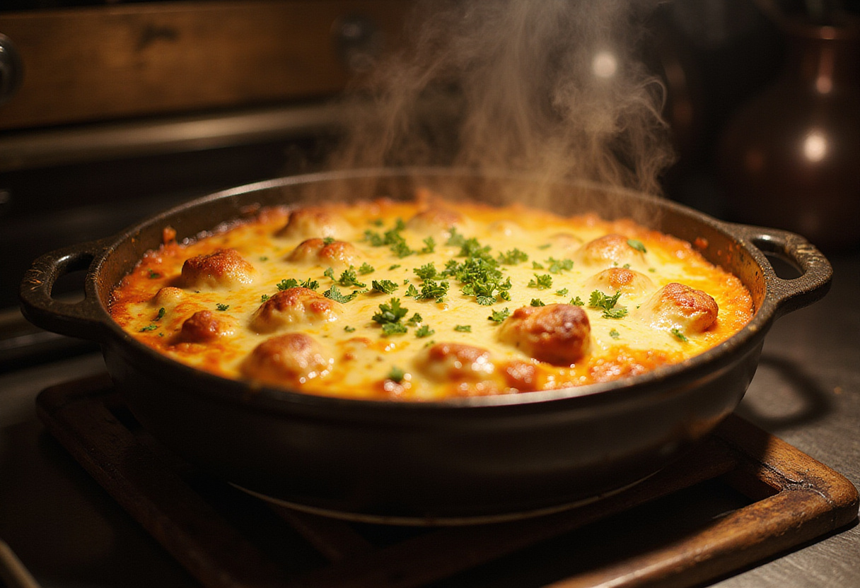 Baked ground beef zucchini casserole fresh from the oven, golden and cheesy, garnished with parsley, ready to serve for a comforting meal.