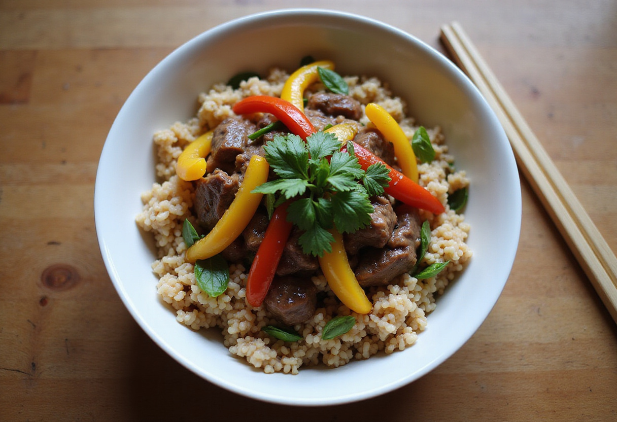 Final presentation of a Healthy Beef and Pepper Rice Bowl, highlighting the freshness and flavor of a wholesome and tasty dish.