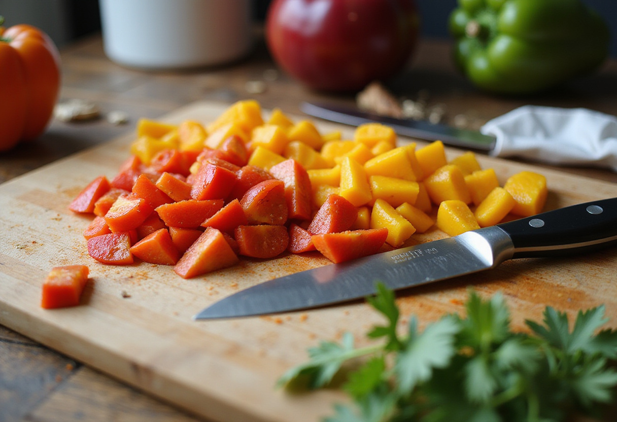 Chopping colorful bell peppers for a Healthy Beef and Pepper Rice Bowl, showcasing vibrant ingredients for a nutritious meal.