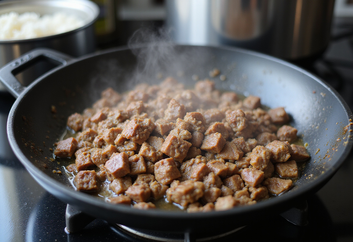 Cooking seasoned ground beef for a Healthy Beef and Pepper Rice Bowl, highlighting the delicious aroma and textures of the dish.