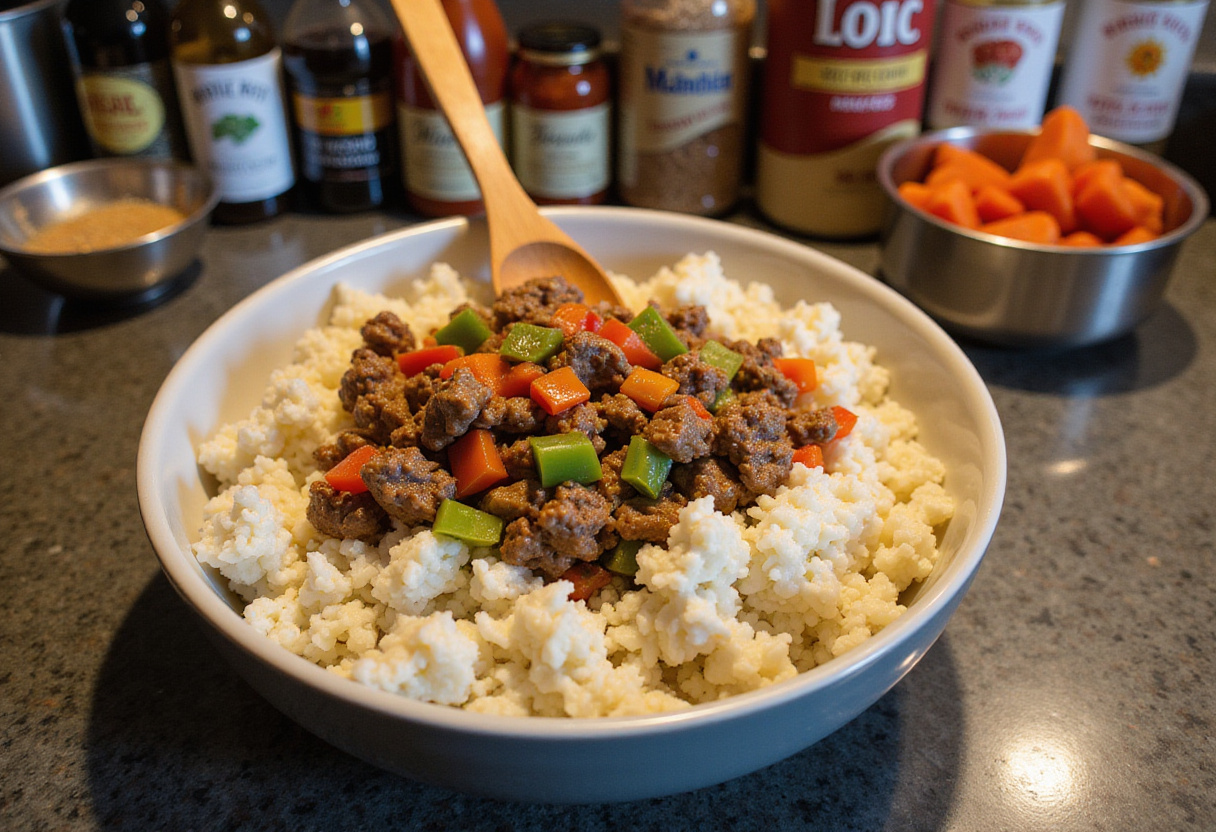 Mixing fluffy rice with sautƩed beef and colorful bell peppers for a Healthy Beef and Pepper Rice Bowl, emphasizing the delicious fusion of ingredients.