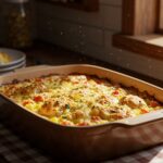 Deliciously baked Healthy Chicken Cauliflower Rice Casserole served in a cozy kitchen, showcasing a nutritious and appetizing meal.