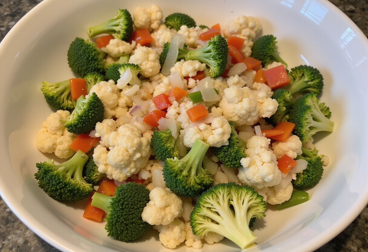 Nutritious Healthy Chicken Cauliflower Rice Casserole ingredients, including cauliflower rice, bell peppers, and broccoli mixed in a bowl.