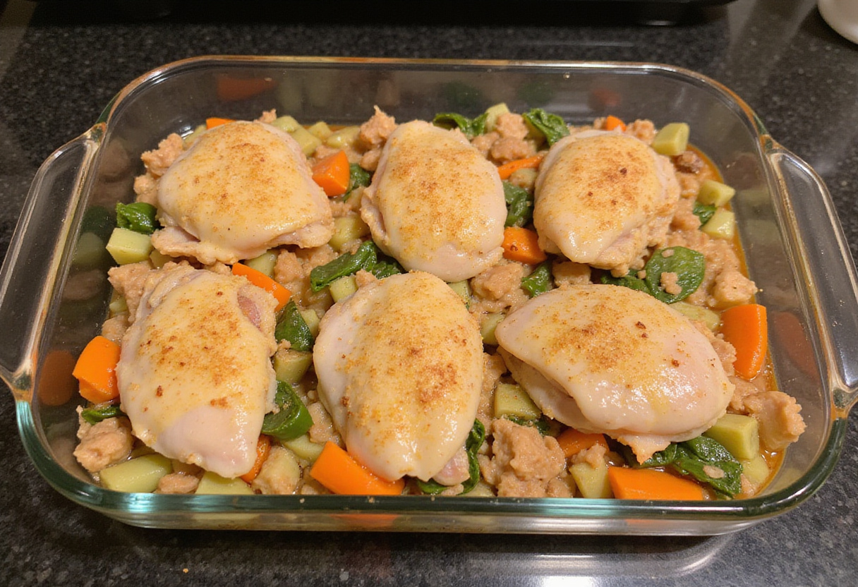 Healthy Chicken Cauliflower Rice Casserole layers of chicken and vegetables being assembled in a glass dish for a wholesome meal.