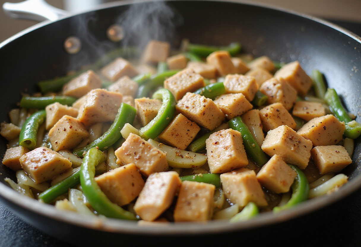 Healthy chicken breast sautéing with bell peppers in a skillet, ideal for enchilada bowls with nutritious ingredients.